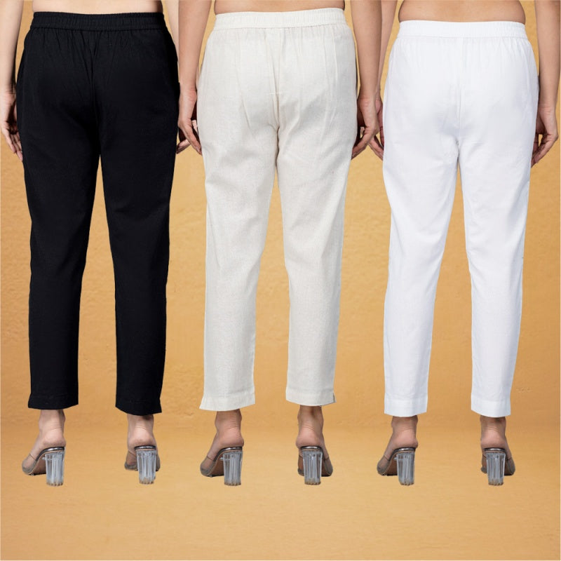 Combo of 3 Cotton Beige White and Black Women Regular Fit Solid Trousers