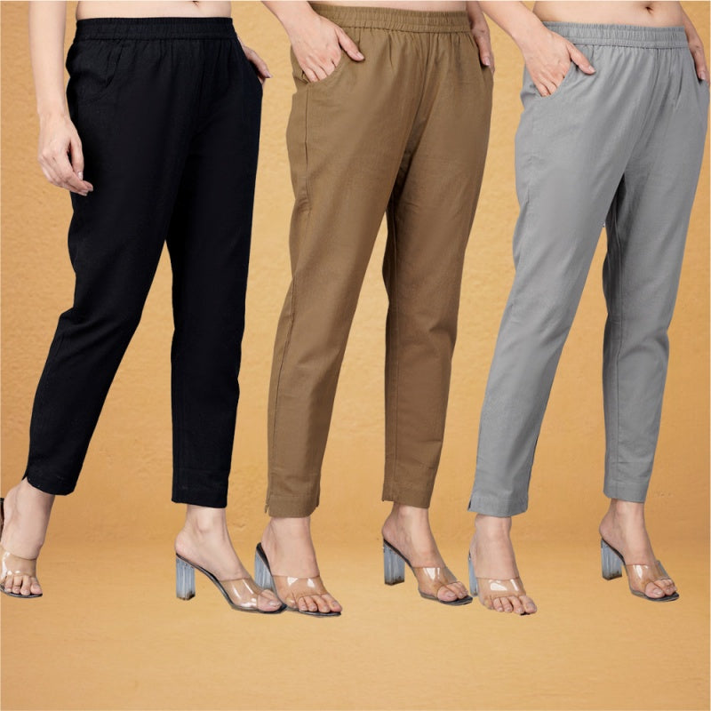 Combo of 3 Cotton Brown Gray and Black Women Regular Fit Solid Trousers