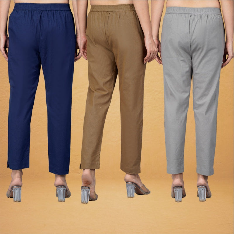 Combo of 3 Cotton Brown Gray and Navy Blue Women Regular Fit Solid Trousers