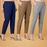 Combo of 3 Cotton Brown Gray and Navy Blue Women Regular Fit Solid Trousers