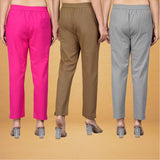 Combo of 3 Cotton Brown Gray and Pink Women Regular Fit Solid Trousers