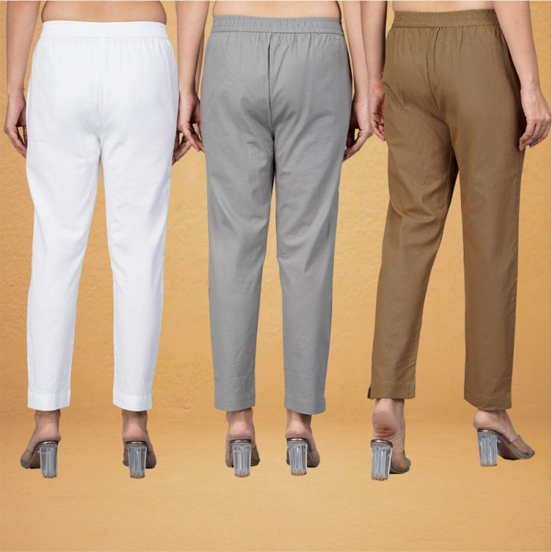 Combo of 3 Cotton Brown Gray and White Women Regular Fit Solid Trousers