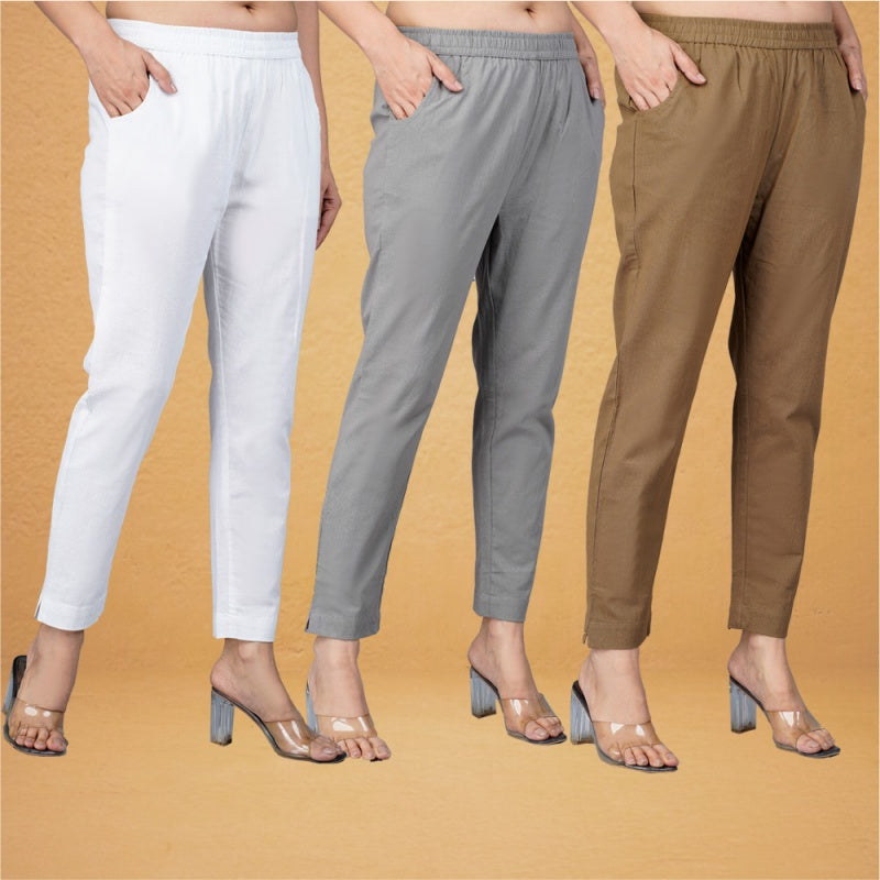 Combo of 3 Cotton Brown Gray and White Women Regular Fit Solid Trousers