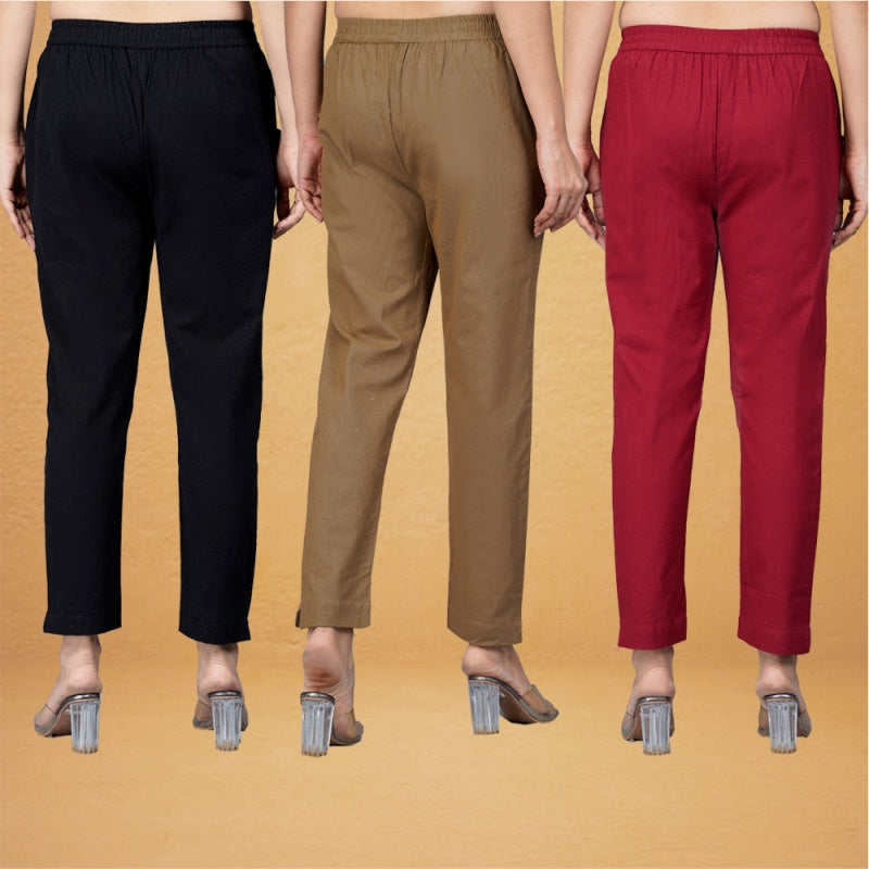 Combo of 3 Cotton Brown Maroon and Black Women Regular Fit Solid Trousers