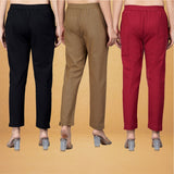 Combo of 3 Cotton Brown Maroon and Black Women Regular Fit Solid Trousers