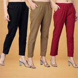 Combo of 3 Cotton Brown Maroon and Black Women Regular Fit Solid Trousers