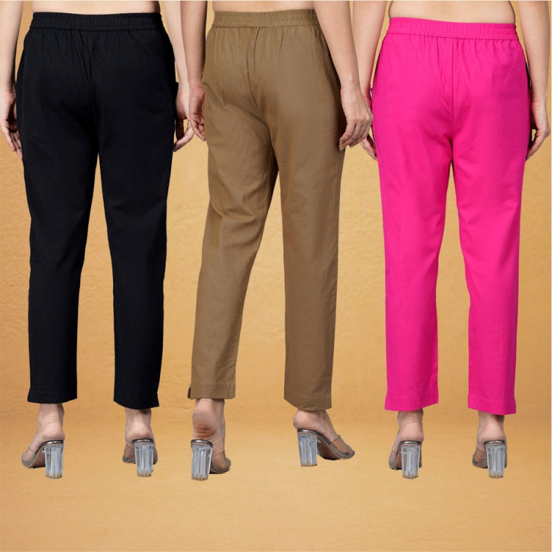 Combo of 3 Cotton Brown Pink and Black Women Regular Fit Solid Trousers