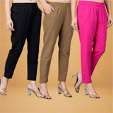 Combo of 3 Cotton Gray Pink and Black Women Regular Fit Solid Trousers