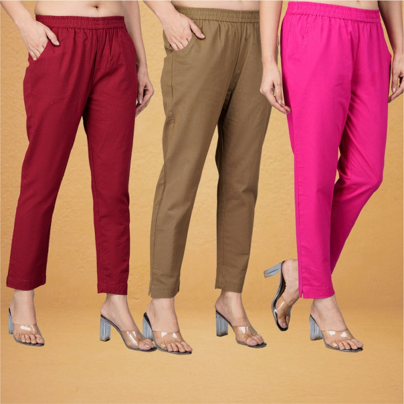 Combo of 3 Cotton Brown Pink and Maroon Women Regular Fit Solid Trousers