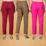 Combo of 3 Cotton Brown Pink and Maroon Women Regular Fit Solid Trousers