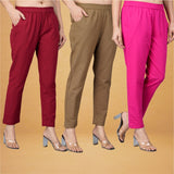 Combo of 3 Cotton Brown Pink and Maroon Women Regular Fit Solid Trousers