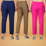 Combo of 3 Cotton Brown Pink and Navy Blue Women Regular Fit Solid Trousers