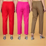 Combo of 3 Cotton Brown Pink and Red Women Regular Fit Solid Trousers