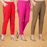 Combo of 3 Cotton Brown Pink and Red Women Regular Fit Solid Trousers