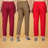 Combo of 3 Cotton Brown Red and Maroon Women Regular Fit Solid Trousers