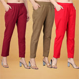 Combo of 3 Cotton Brown Red and Maroon Women Regular Fit Solid Trousers