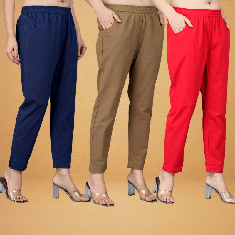 Combo of 3 Cotton Brown Red and Navy Blue Women Regular Fit Solid Trousers