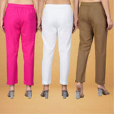 Combo of 3 Cotton Brown White and Pink Women Regular Fit Solid Trousers