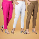 Combo of 3 Cotton Brown White and Pink Women Regular Fit Solid Trousers