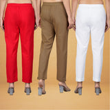 Combo of 3 Cotton Brown White and Red Women Regular Fit Solid Trousers