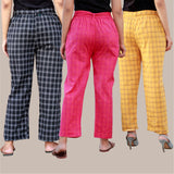 Combo of 3 Cotton Check Pant with Belt Black Pink and Yellow-