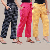 Combo of 3 Cotton Check Pant with Belt Black Pink and Yellow-