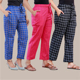 Combo of 3 Cotton Check Pant with Belt Blue Pink and Black