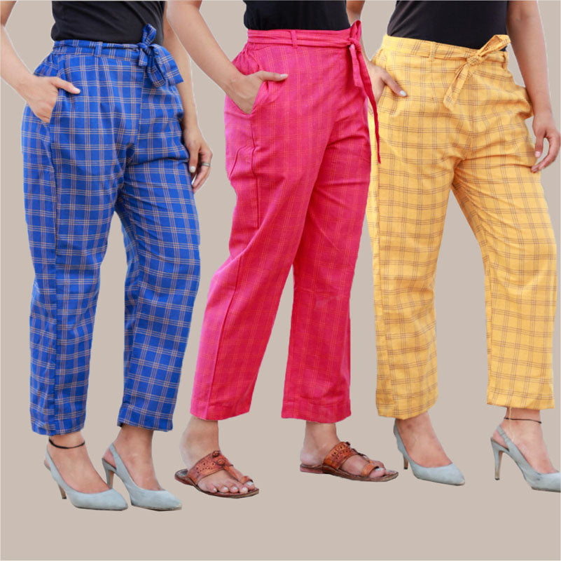 Combo of 3 Cotton Check Pant with Belt Blue Pink and Yellow