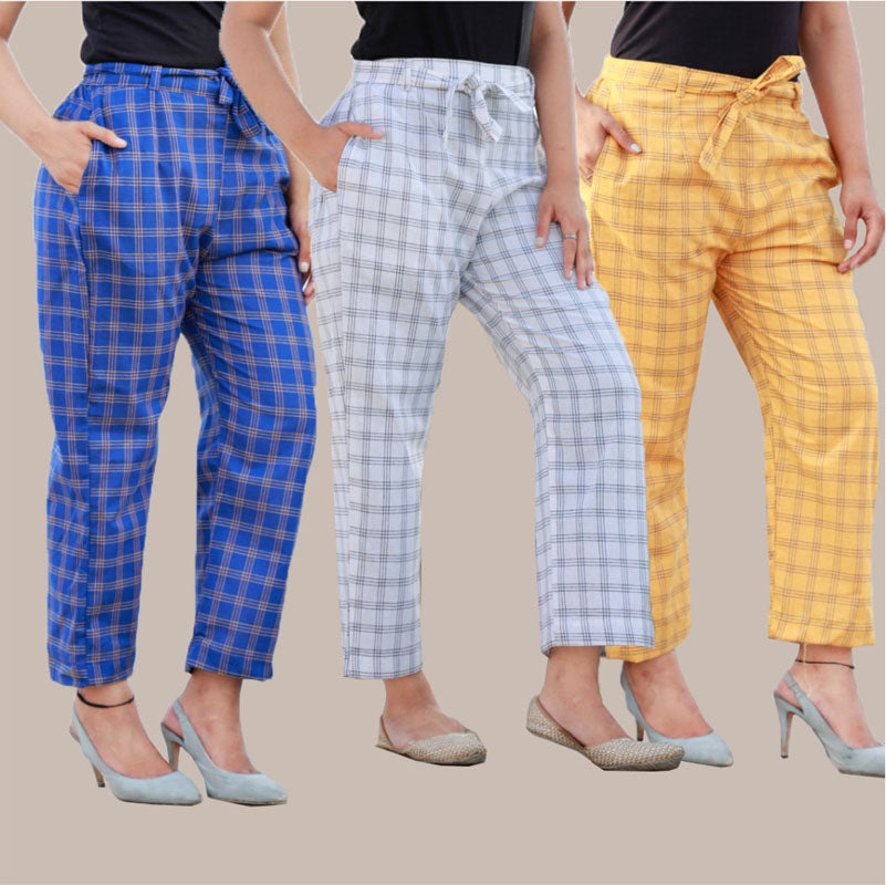 Combo of 3 Cotton Check Pant with Belt Blue White and Yellow