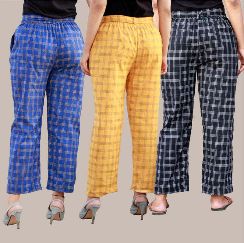 Combo of 3 Cotton Check Pant with Belt Blue Yellow and Black