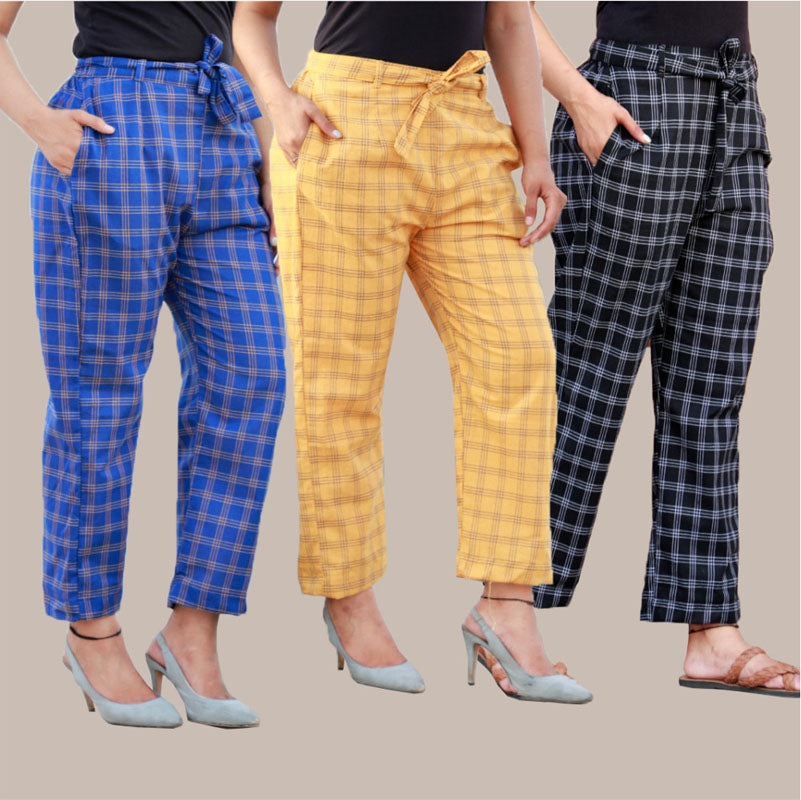 Combo of 3 Cotton Check Pant with Belt Blue Yellow and Black