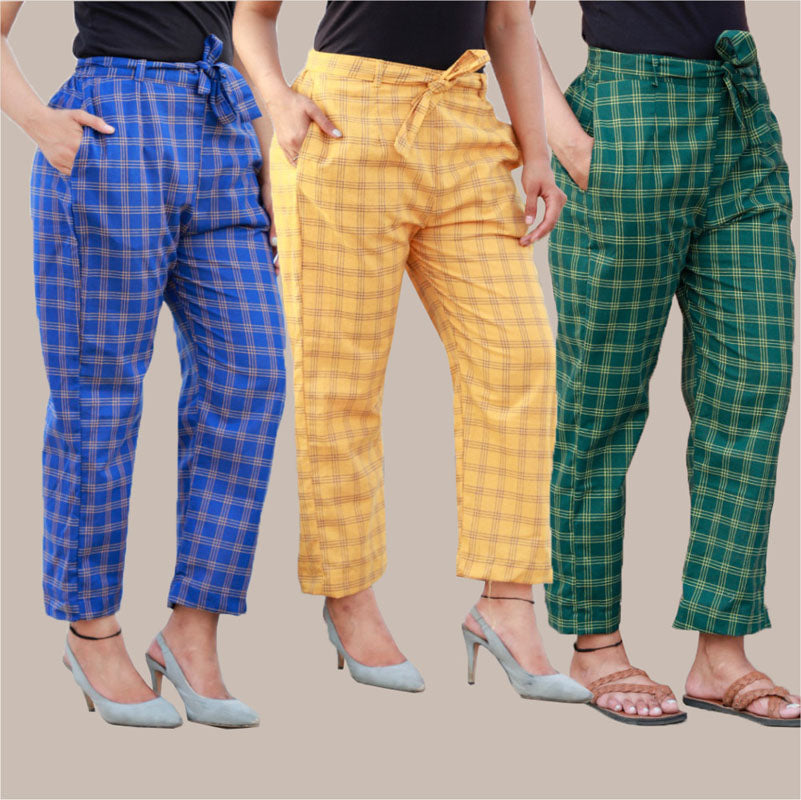 Combo of 3 Cotton Check Pant with Belt Blue Yellow and Green