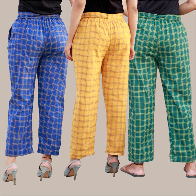 Combo of 3 Cotton Check Pant with Belt Blue Yellow and Green