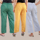 Combo of 3 Cotton Check Pant with Belt Green Yellow and White