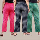 Combo of 3 Cotton Check Pant with Belt Pink Black and Green