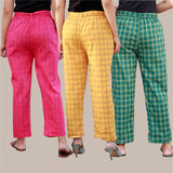 Ombo of 3 Cotton Check Pant with Belt Pink Yellow and Green