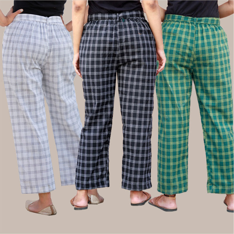 Combo of 3 Cotton Check Pant with Belt Black White and Yellow