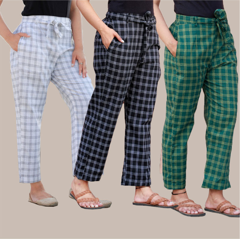 Combo of 3 Cotton Check Pant with Belt Black White and Yellow