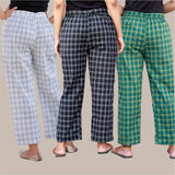 Combo of 3 Cotton Check Pant with Belt White Black and Green