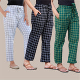 Combo of 3 Cotton Check Pant with Belt White Black and Green