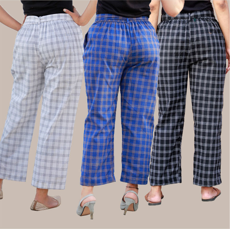 Combo of 3 Cotton Check Pant with Belt White Blue and Black