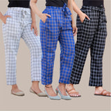 Combo of 3 Cotton Check Pant with Belt White Blue and Black