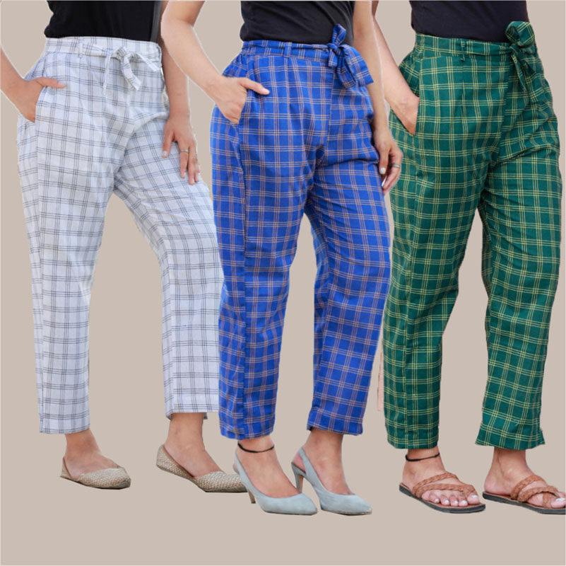 Combo of 3 Cotton Check Pant with Belt White Blue and Green