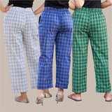 Combo of 3 Cotton Check Pant with Belt White Blue and Green