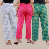 Combo of 3 Cotton Check Pant with Belt White Pink and Green