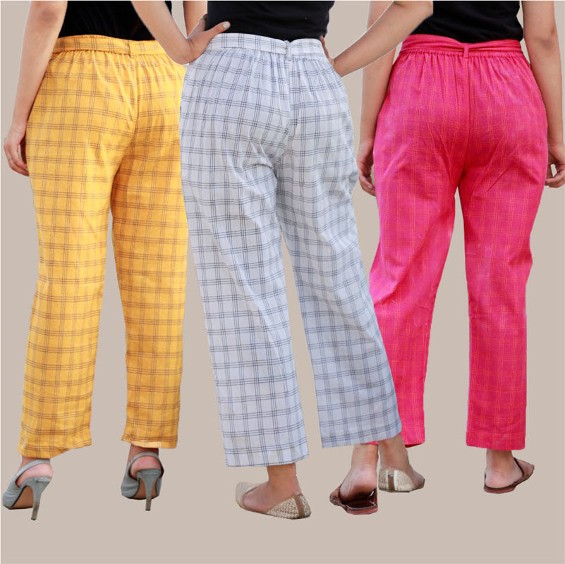 Combo of 3 Cotton Check Pant with Belt Yellow White and Pink