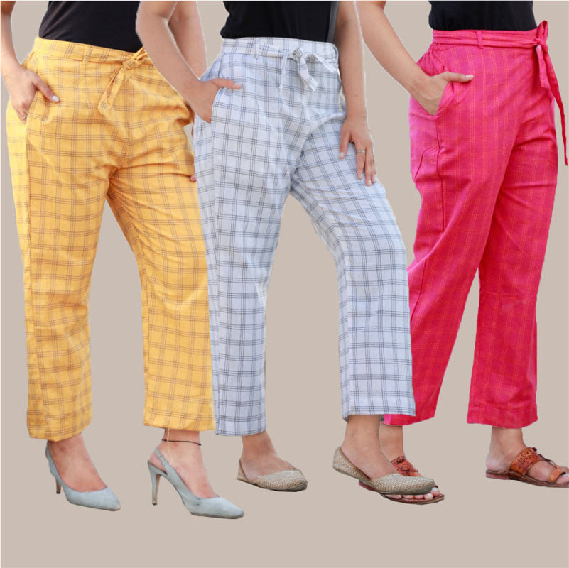 Combo of 3 Cotton Check Pant with Belt Yellow White and Pink