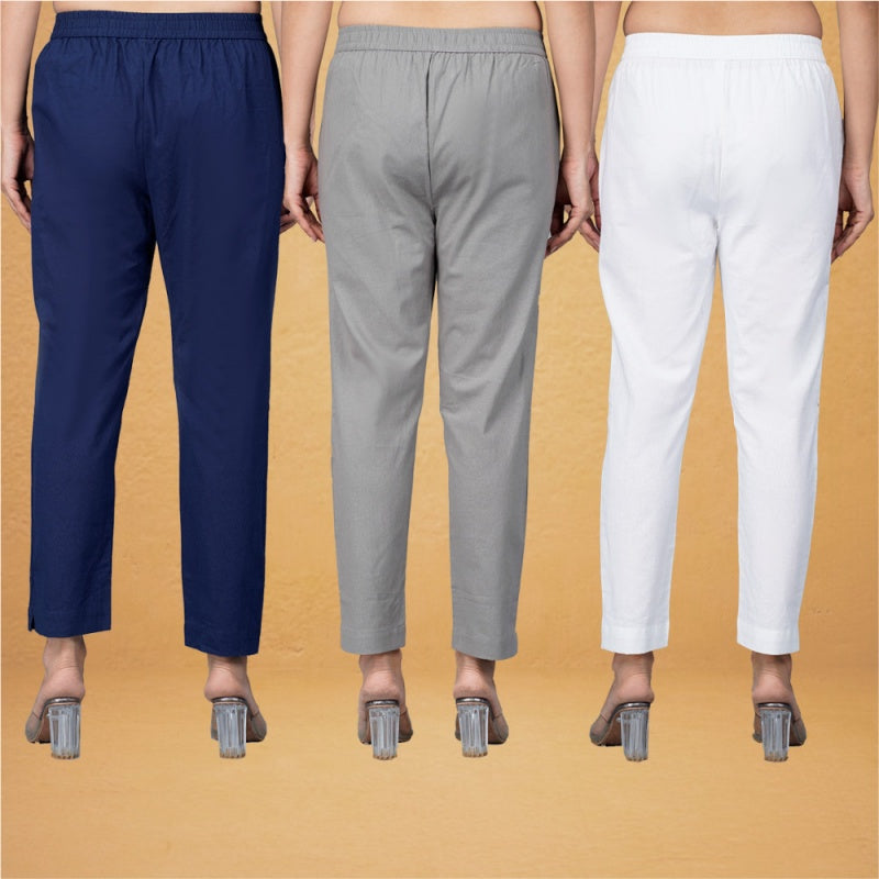 Combo of 3 Cotton Gray White and Navy Blue Women Regular Fit Solid Trousers