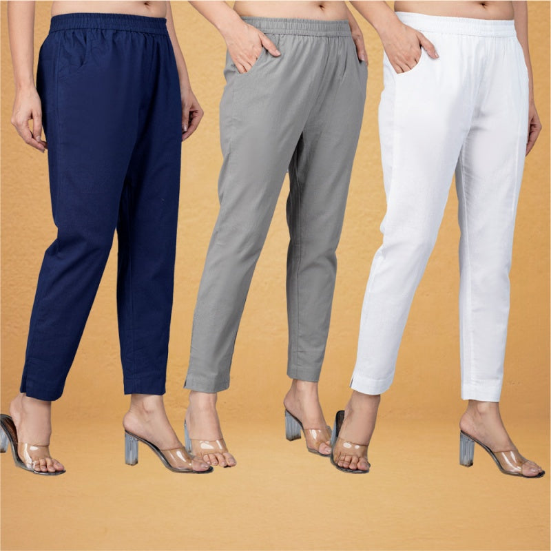 Combo of 3 Cotton Gray White and Navy Blue Women Regular Fit Solid Trousers