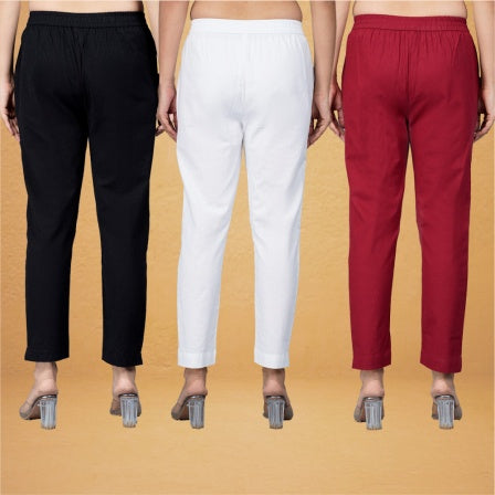 Combo of 3 Cotton White Maroon and Black Women Regular Fit Solid Trousers